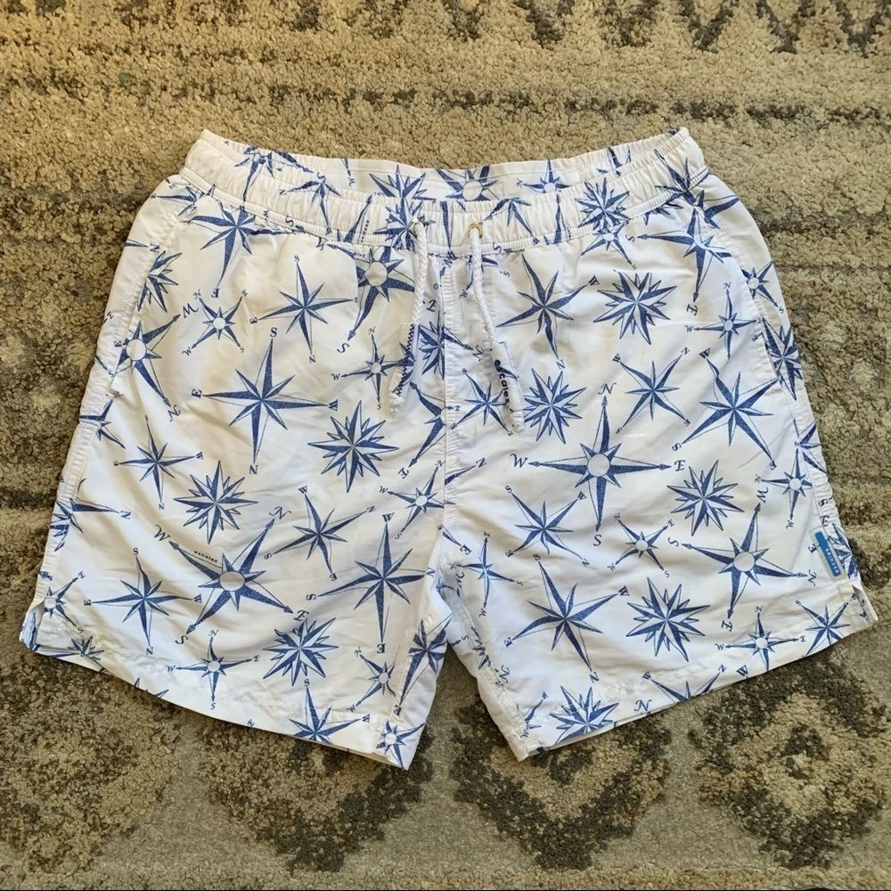 Escales Paris White Blue Map Compass Swim Trunks 6in Large